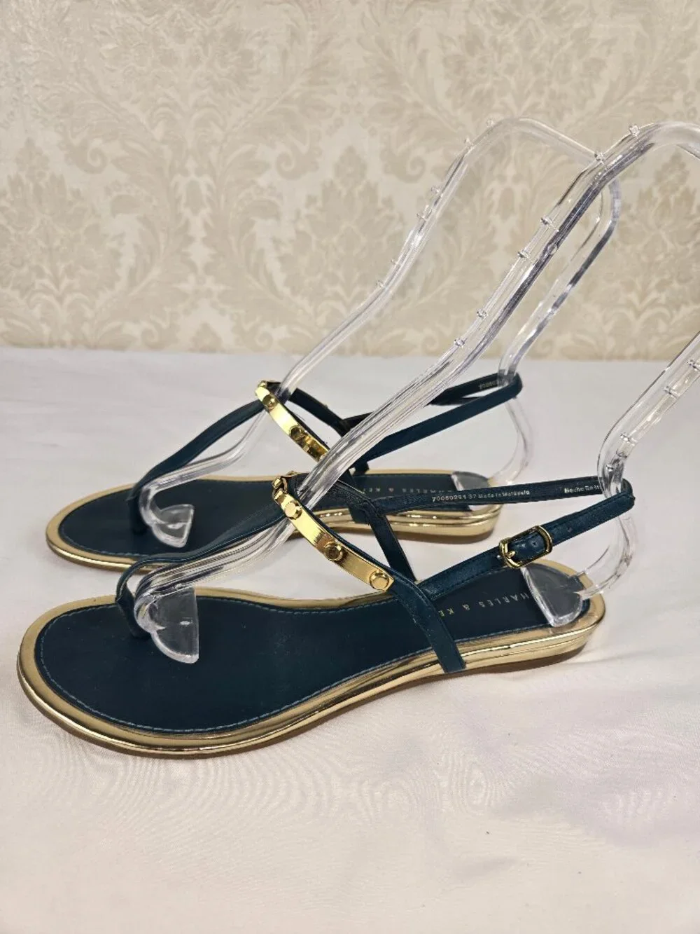 Charles & Keith Size 37 (US 7) Teal Gold Accent Leather Sandal Ankle Strap